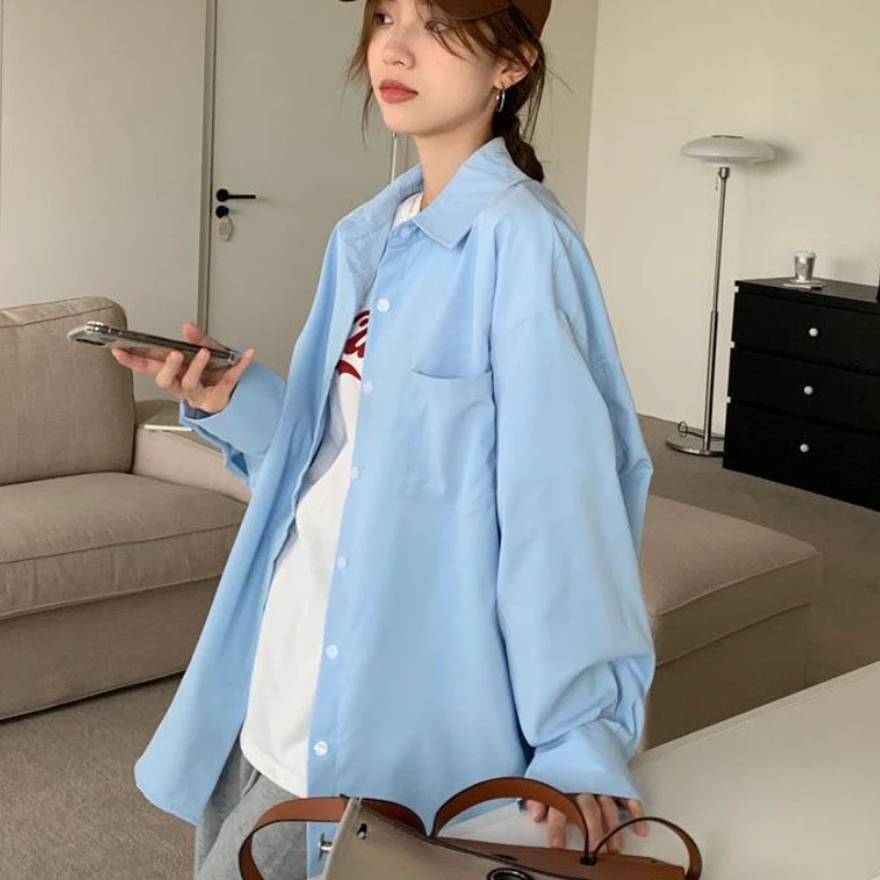 Shirts Frauen Casual Faul Stil Ulzzang Studenten Harajuku Frühling Lose Minimalistischen Täglichen Alle-spiel Beliebte drehen-unten Kragen tops