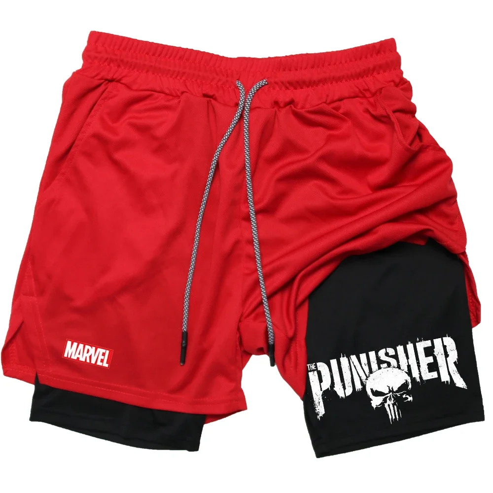 Marvel The Punisher Gym Shorts Men Fitness 2 in 1 Anime Performance Shorts Mesh Quick Dry Athletics Short Pants Summer Male