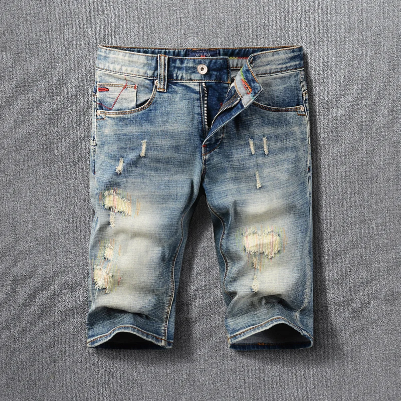 

Summer Designer Fashion Men Jeans Shorts Retro Blue Patched Destroyed Ripped Short Jeans Men Vintage Casual Denim Shorts Hombre