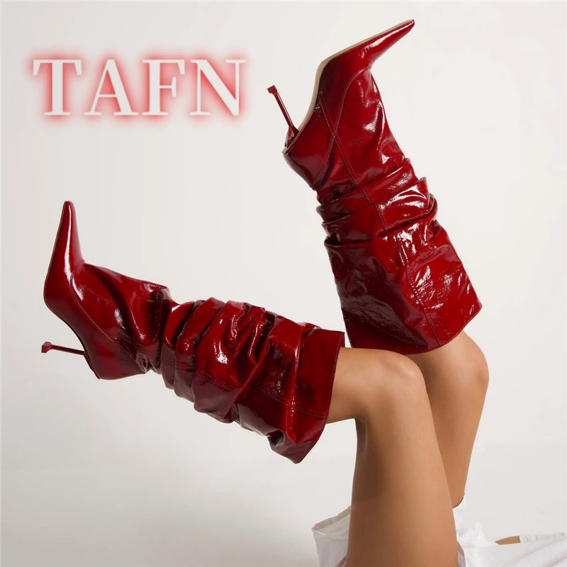 

Red Shiny Pleated Boots Pointed Toe Stiletto Slip-On Knee High Boots Sexy Catwalk Banquet Comfortable Spring Autumn Long Boots