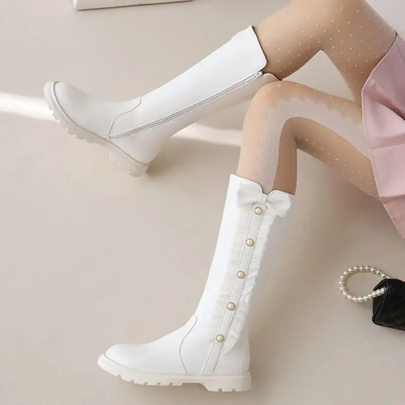 أحذية SIMLOVEYO النسائية الجديدة لمنتصف العجل فارس بمقدمة مستديرة وعقدة على شكل فراشة مقاس صغير 31 32 33 شتاء جانبي