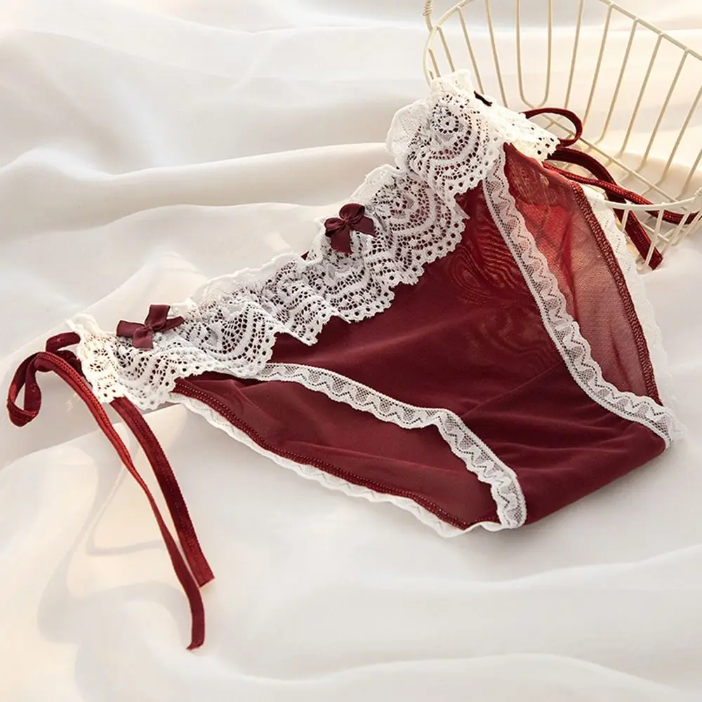 Underwear Solid Color For Female Ruffles Bowknot Cotton Crotch Mesh Female Lingeries Middle Waist Thong Briefs Wine Red Panties