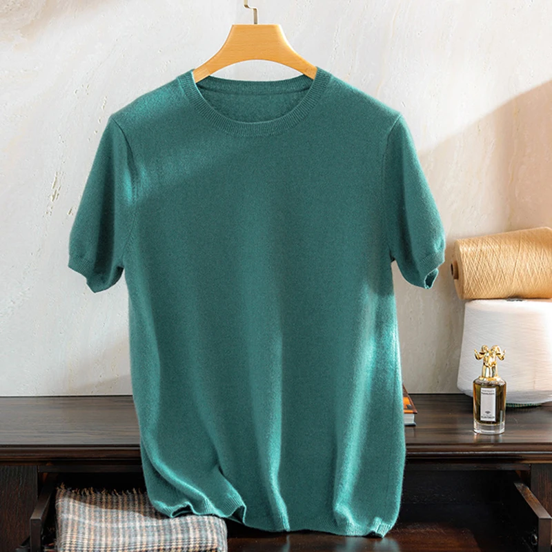 Superfine Cashmere Knitted O-neck T-shirt for Men Short Sleeve Tee Solid Color Trend Leisure Thin Style Undershirt Tops