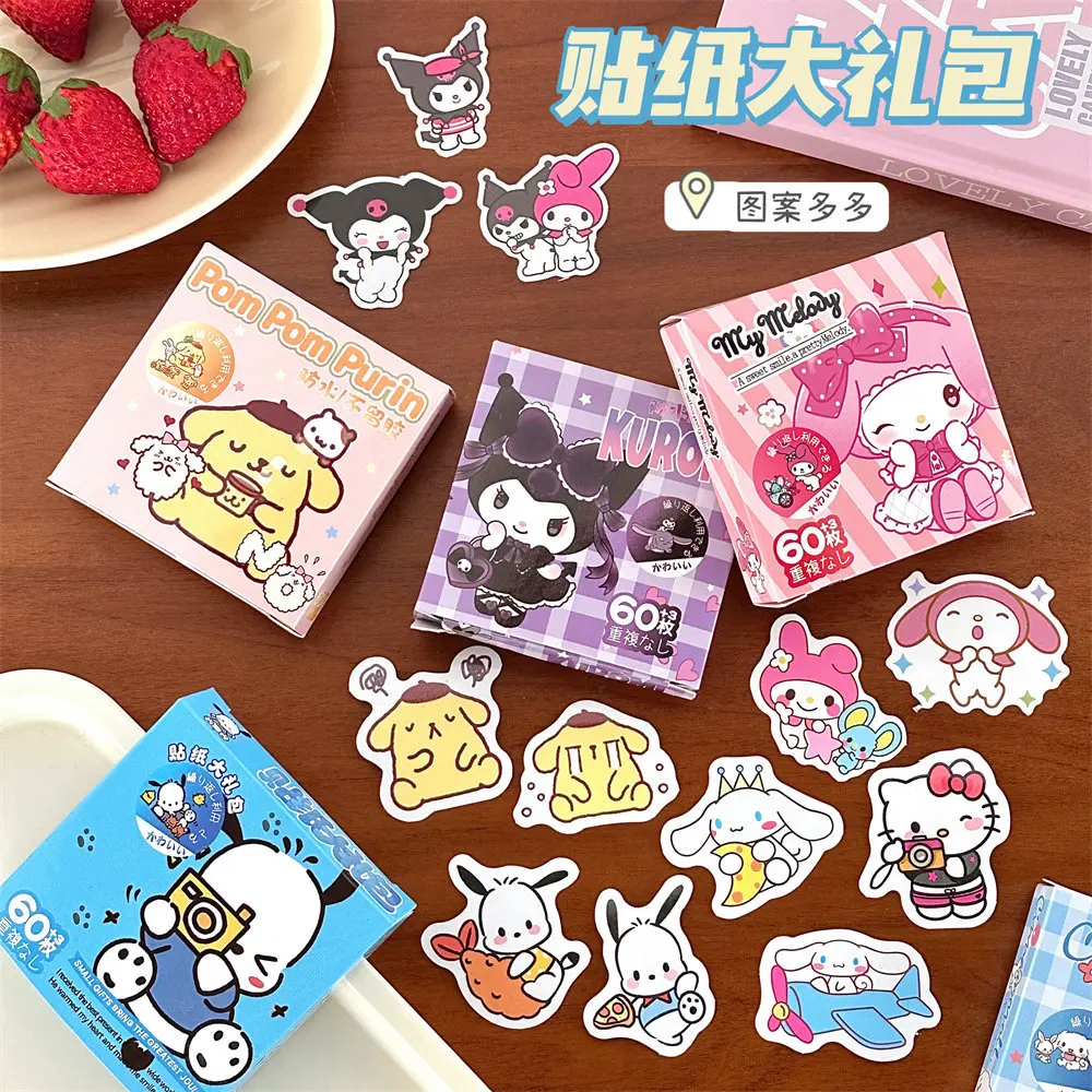 60Pcs Sanrio Cartoon Anime Hello Kitty Kuromi Stickers Creative Diy Cute Girl Decoration Sticker Gift Box Children's Toy Gifts