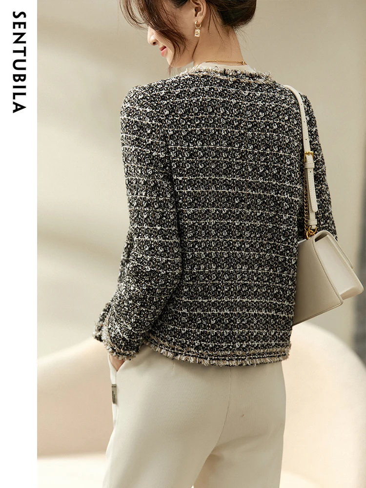 SENTUBILA Texture Tweed Jackets for Women 2024 Spring Elegant Fashion Long Sleeve Single Breasted Short Coats Ladies Outwears