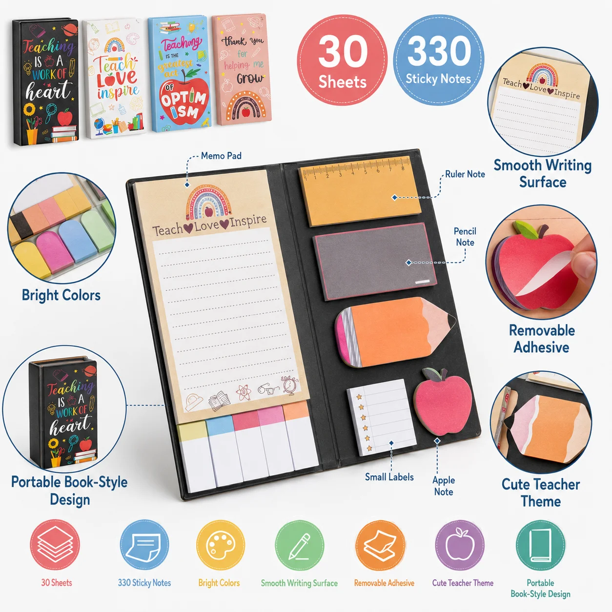 English Teacher Gift Sticky Notes, Cartoon Colorful Shape Note Pad, Repositionable Self-Stick for Students