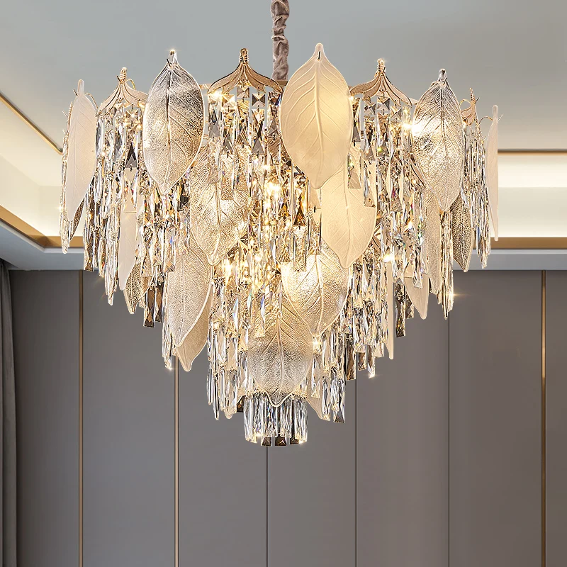 

French Crystal Light Luxury Chandelier Cream Style Modern Living Room Main Light Leaf Dining Room Light Simple Master Bedroom