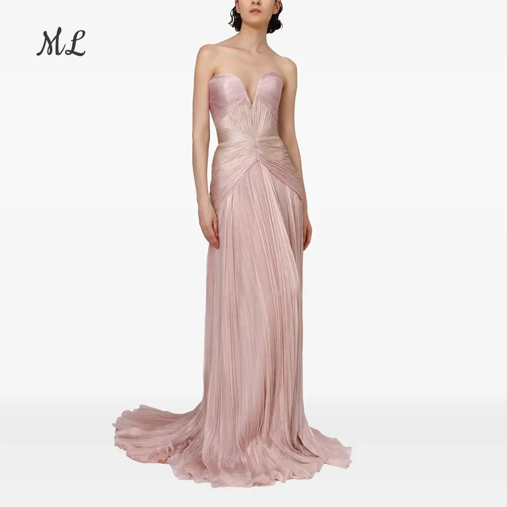 

ML Pink Shiny Silk Evening Dress Sweetheart A Line Pleated Formal Occasion Dress Maxi Hand Made Prom Party Gowns Customized