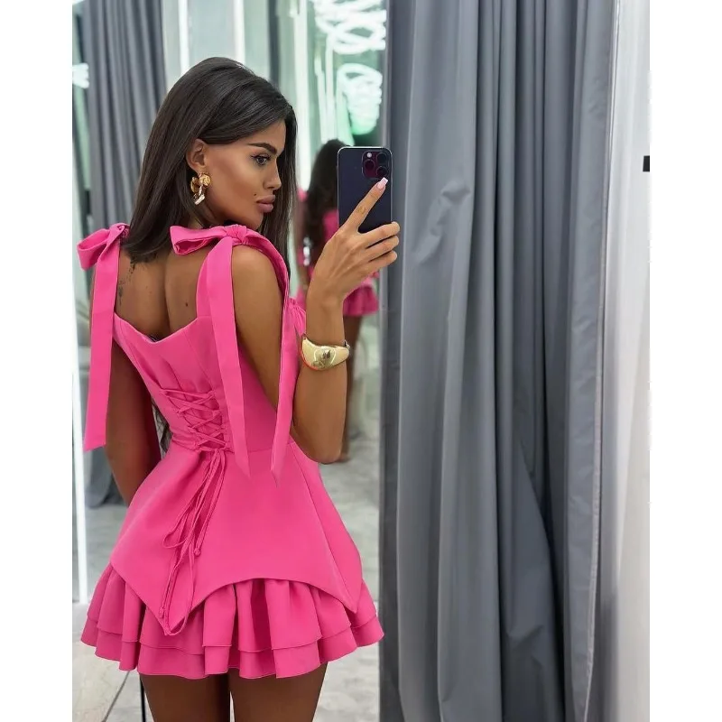 

European and American Cross-border Women's Clothing 2026 Summer Style Temperament Bow Lace-up Buckle Irregular Suspender Dress