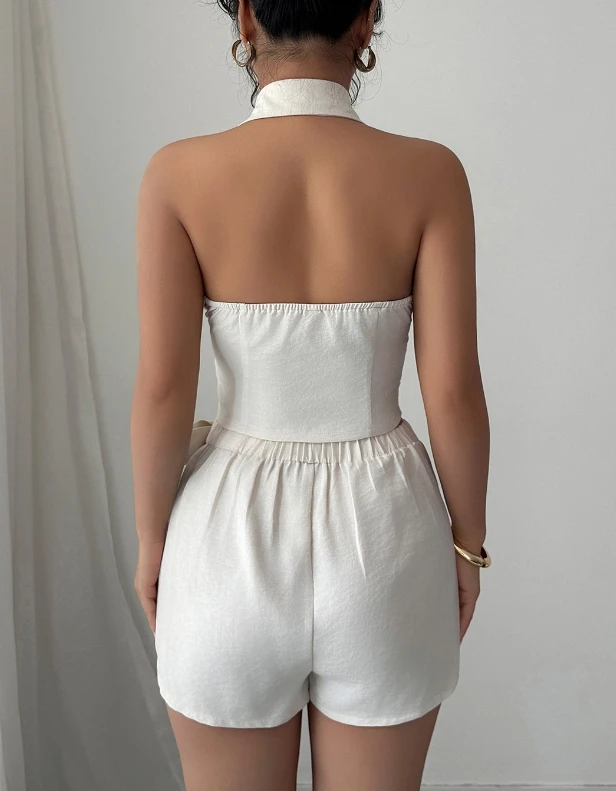 Two Piece Set Women Outfit 2025 New Summer Solid Color Notched Collar Backless Crop Vest & High Waist Lace Up Casual Shorts Set