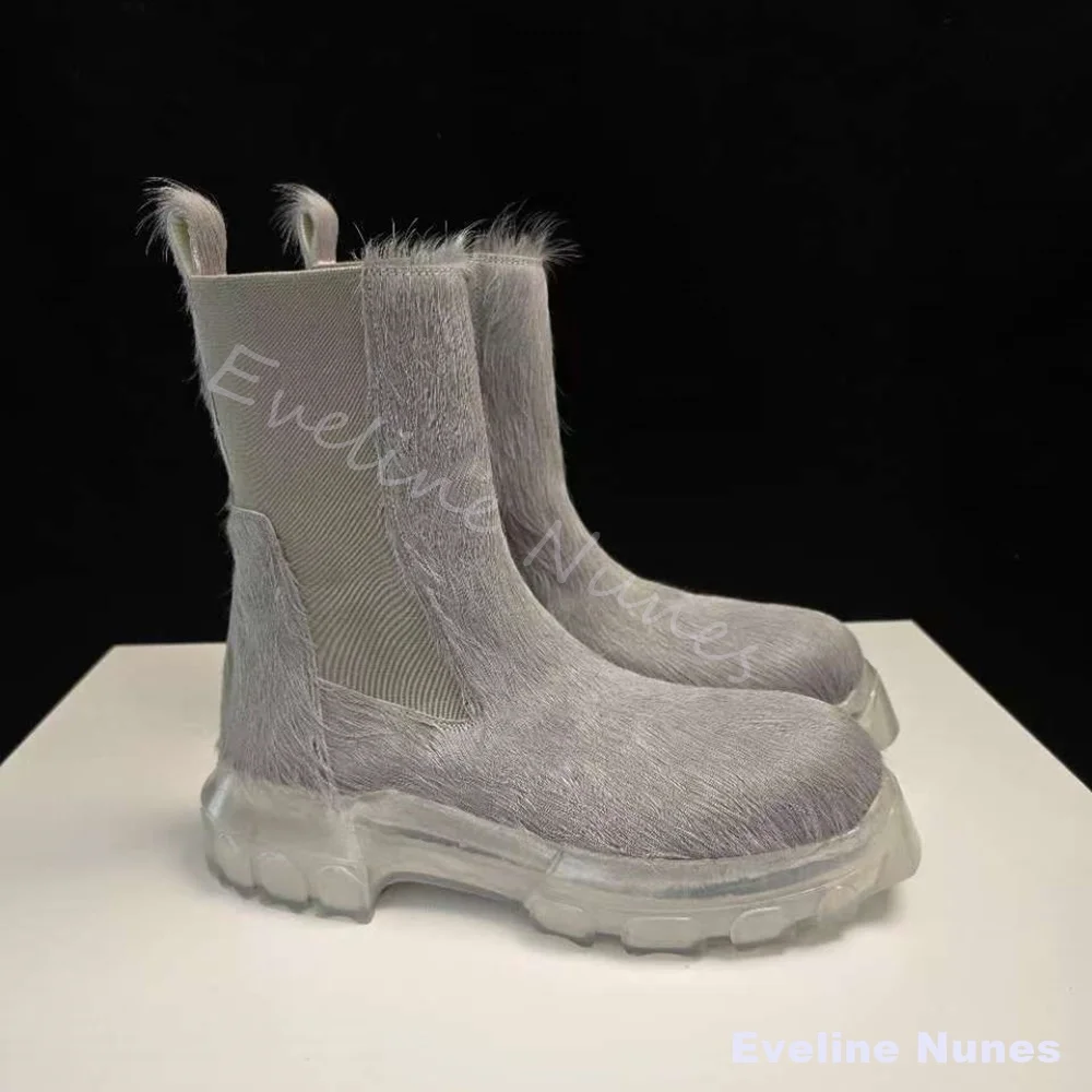 Grey Horse Hair Chelsea Ankle Boots Men Round Toe Slip On Transparent Platform Elastic Boots Black/pink Street High-top Boots