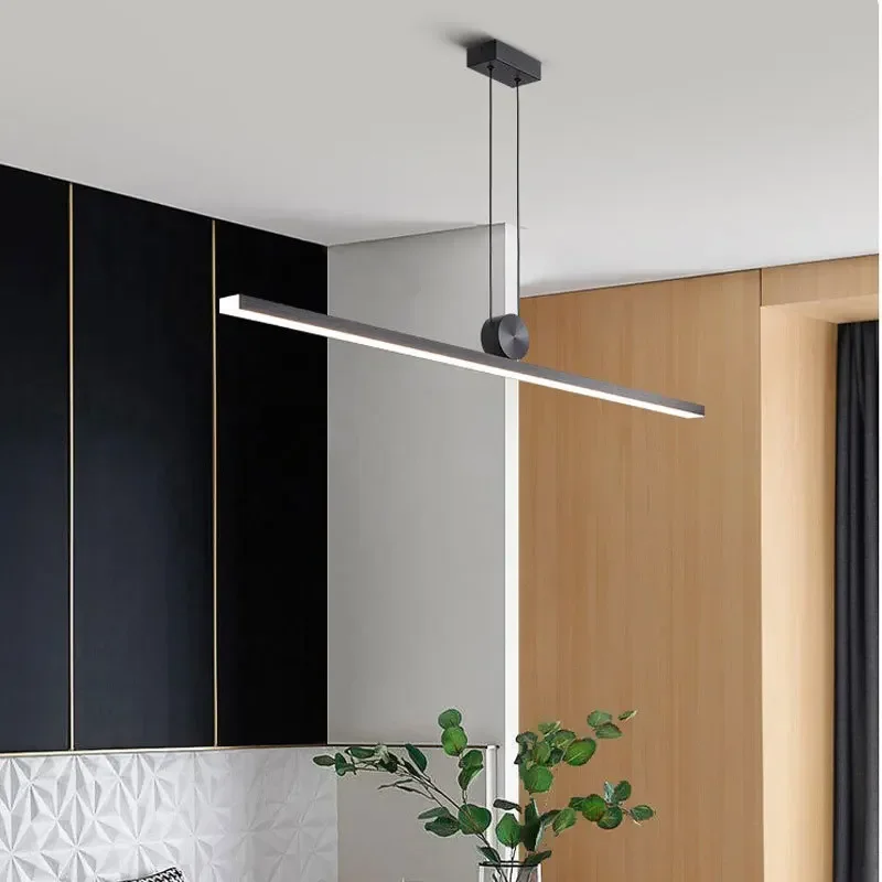 Luz colgante minimalista para restaurante, luces largas de comedor europeas, diseño negro, cobre