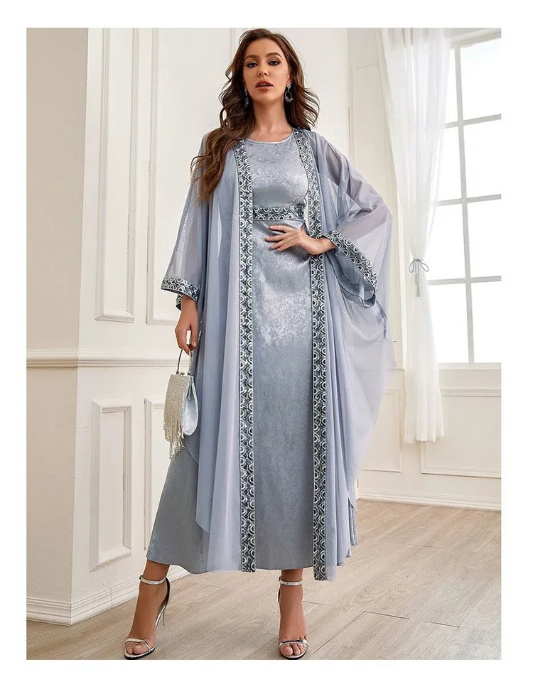 Nova chegada oem vestidos modestos o-pescoço manga longa mulheres muçulmanas terno bordado dubai abaya vestido de oração muçulmano 2 peça conjunto