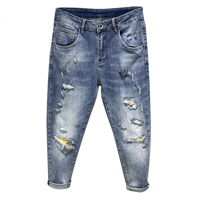 

Ripped Jeans Men Blue Stretch Capris Pants Destroyed Frayed Mens Jeans Pants Ankle Length Trousers Begger Distressed Baggy Pants