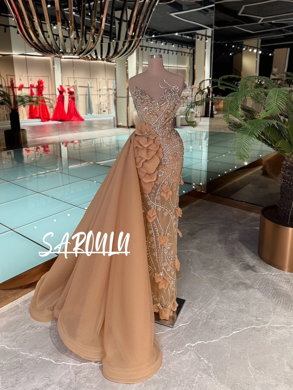 

Винтажное гламурное вечернее платье с 3D цветочным принтом 2026, расшитое бисером платье русалки для выпускного вечера с открытыми плечами и тюлевым шлейфом, романтическая официальная одежда для вечеринок