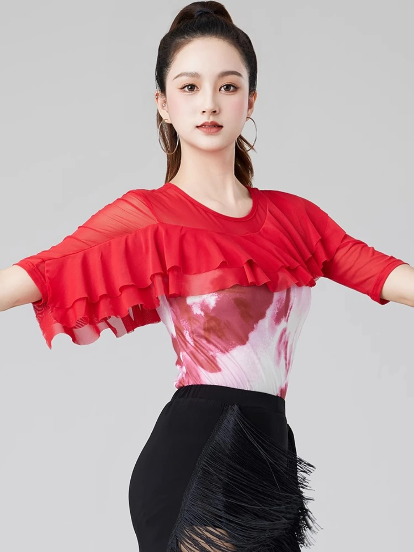 Party Dresses Samba Red Tops Half-sleeved Elegant Ruffle Women Modern Dance Clothes Bodysuit Ballroom Latin Dance Leotard Tops