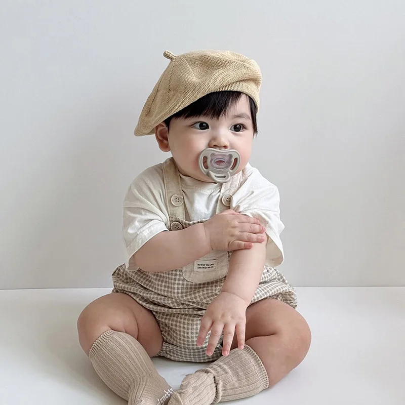 春の新作ベビー半袖服セット-乳幼児用男の子女の子ノースリーブチェック柄ボディスーツ-tシャツ2点セット-幼児用コットンセット