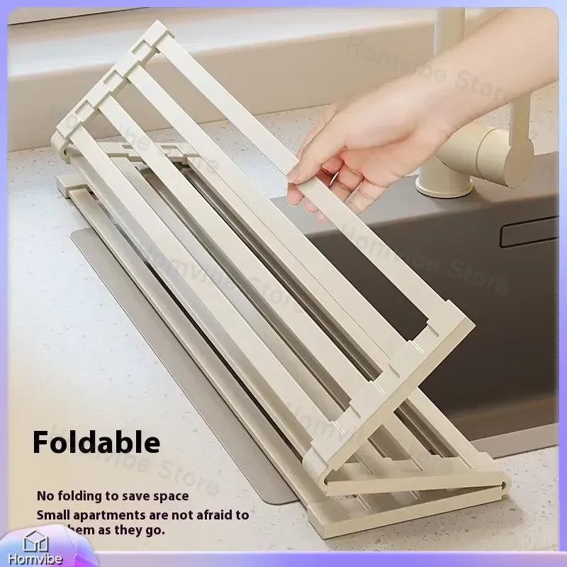 304 Stainless Steel Foldable Kitchen Sink Drain Rack Storage Basket with Silicone Pad Roller Shutter Design for Dish Drying
