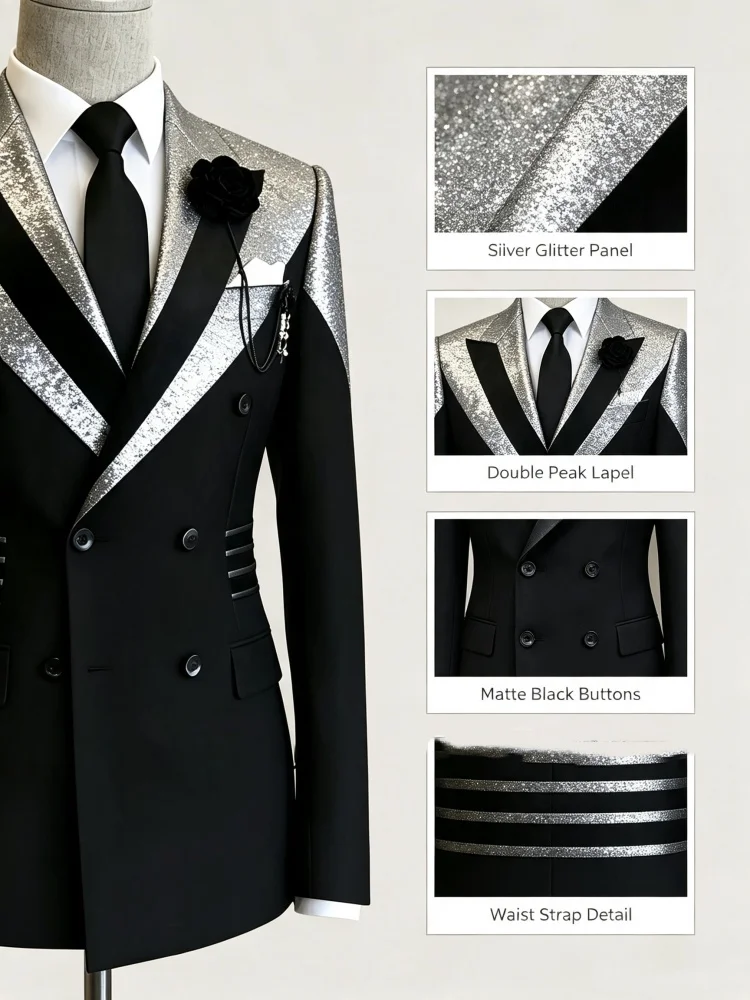 Men Black Business Blazer Double Breasted Silver Glitter Peak Lapel Waist Striped Slim Fit Suit Jacket for Wedding Groom Prom