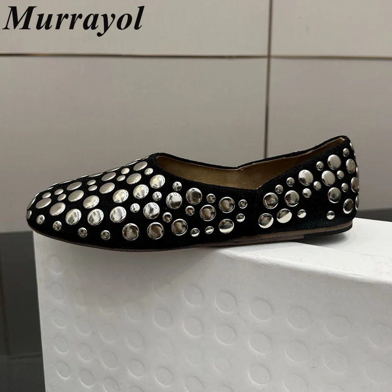 Lazy Loafers Women Shallow Mouth Genuine Leather Round Toe Rivet Decor Flat Shoes Spring Autumn Vacation Shoes Grandma Shoes