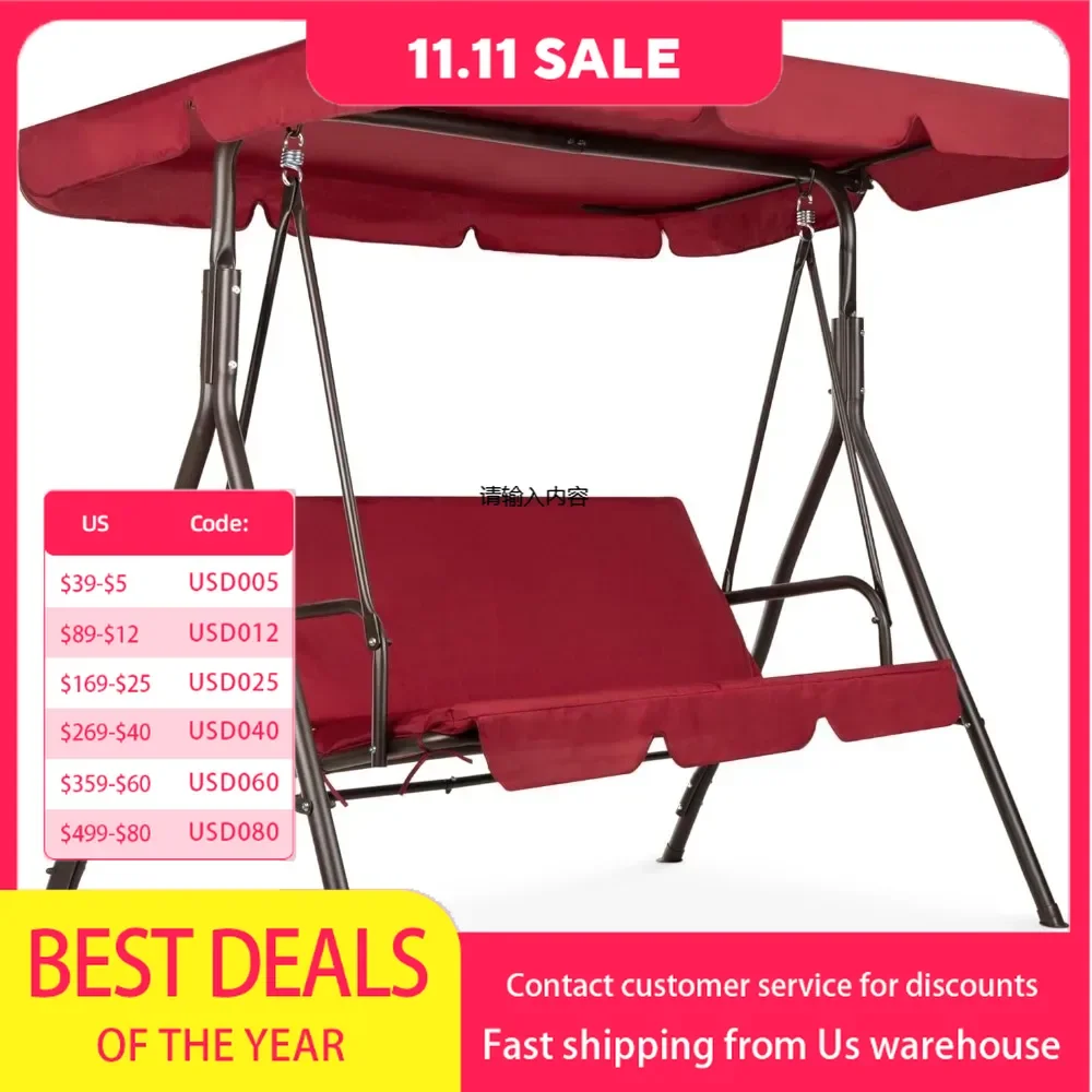 2 Person Outdoor Terrace Swing Chair, Backyard with Convertible Awning, Adjustable Awning, Removable Cushion for Garden