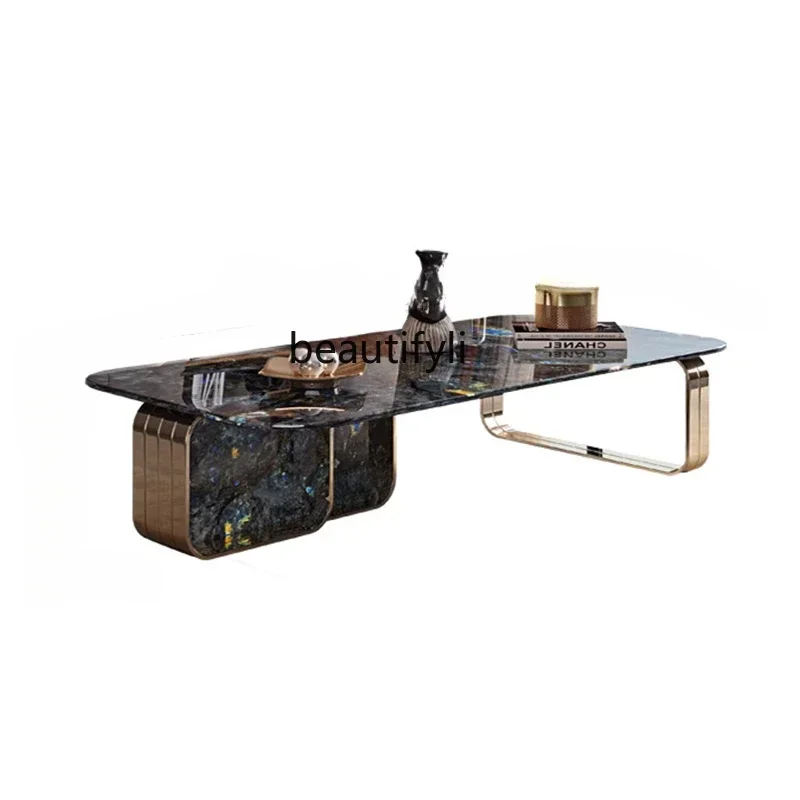 Natural Marble Tea Table Italian Style Light Luxury Microlite Stainless Steel Tea Table Living Room Home Combination