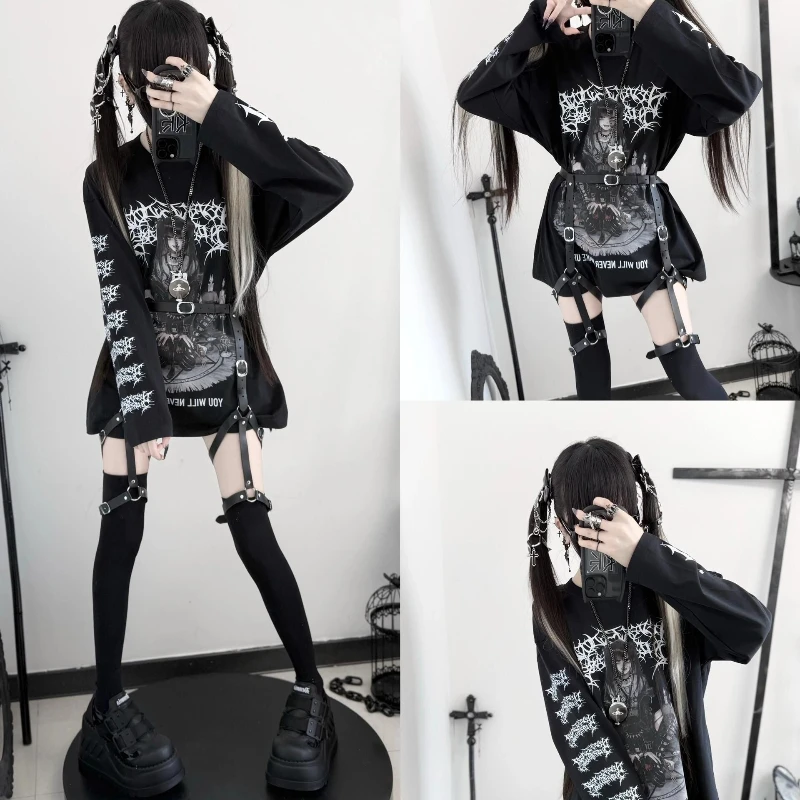 Japan Punk Style Cartoon Print Top Women Casual Streetwear Long Sleeves Grunge T Shirts Loose Vintage Fairy Y2k Tee Shirt Gothic