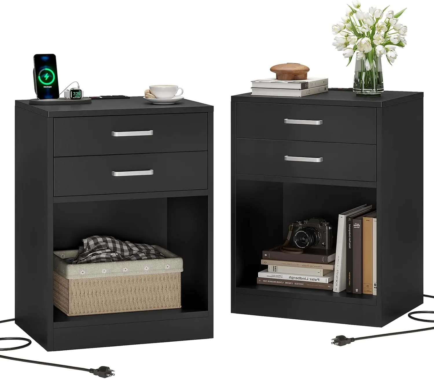 Night Stand Set 2,Black Nightstand with Charging Station & Drawers,Night Stands for Bedrooms Set of 2,Bedside Table with Drawers