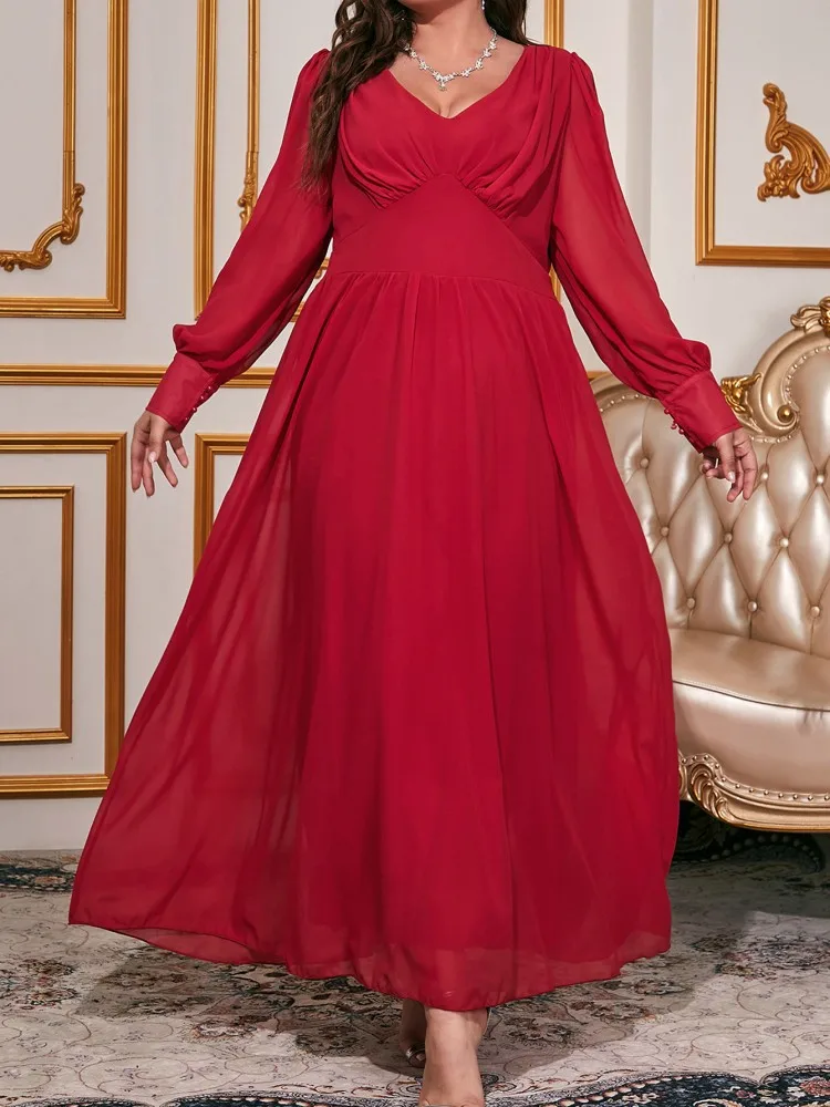 

Red Chiffon Long Dress For Women Party Evening Spring Summer Big Size Fashion Clothes V-neck Long Sleeve Dress Elegant Robe