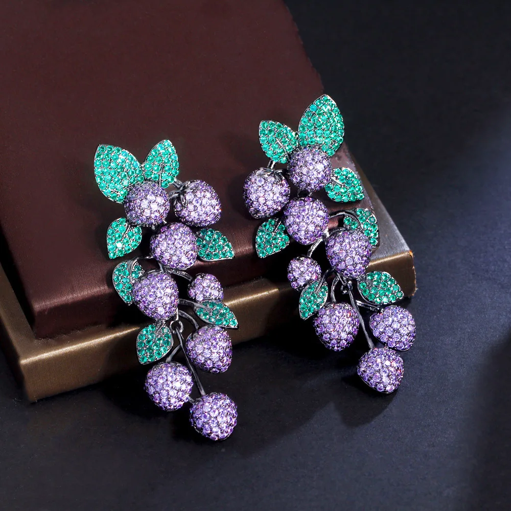 Beautiful Cubic Zircon Grape Earrings for Wedding, Crystals Flower Dangle Earring for Prom, Women Girl Gift SZE0544