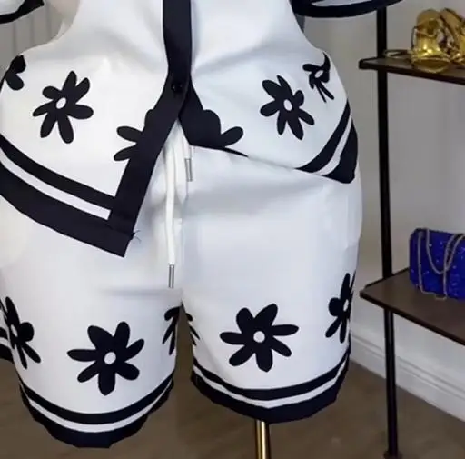 Two Piece Set Women Outfit 2025 Summer New Turn-Down Collar Color Blocked Print Short Sleeve Shirt & Casual Daily Shorts Set