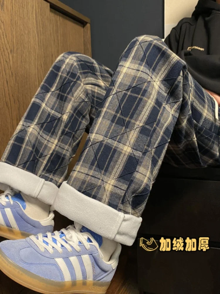 

American Retro Thiened Fce Plaid Pants Men's Winter Straight Leg Loose Wide Leg Trousers Teenage Faion Casual Pants