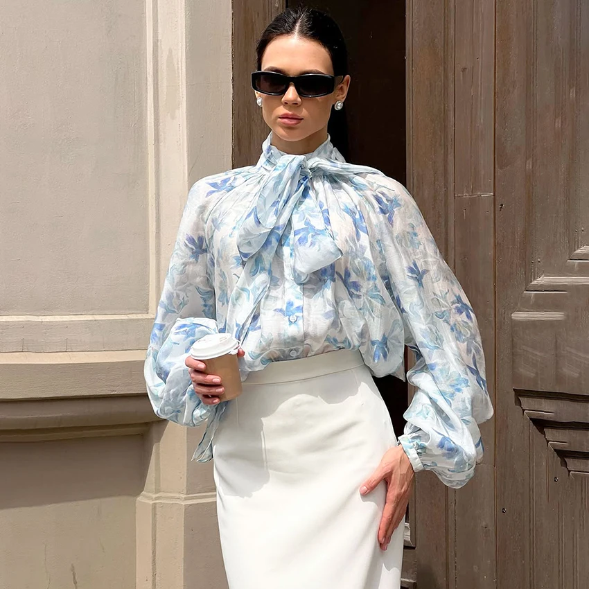 

Linad Vintage Blue Print Chiffon Blouse Woman Elegant Lantern Sleeve Scarf Collar Tops Women Casual Long Sleeve Shirts 2025 Fall