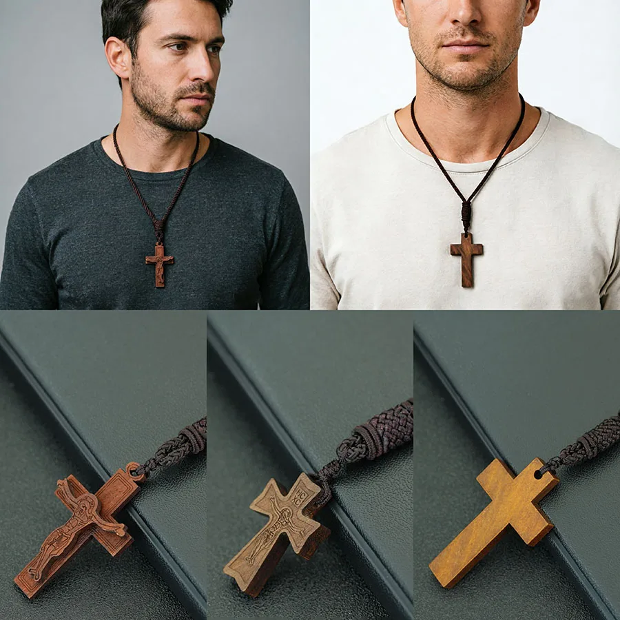 5 Stile Christliche Jesus-Kreuz-Anhänger-Halskette für Männer Premium Ausgewählte Dunkelbraune Seilkette Meditations-Heilungs-Halsaccessoires