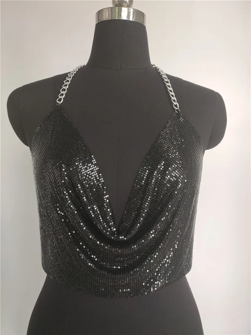 JHJN-Chaleco con lentejuelas y diamantes brillantes, estilo discoteca, cadena de Metal Sexy, cuello en V, Top sin espalda