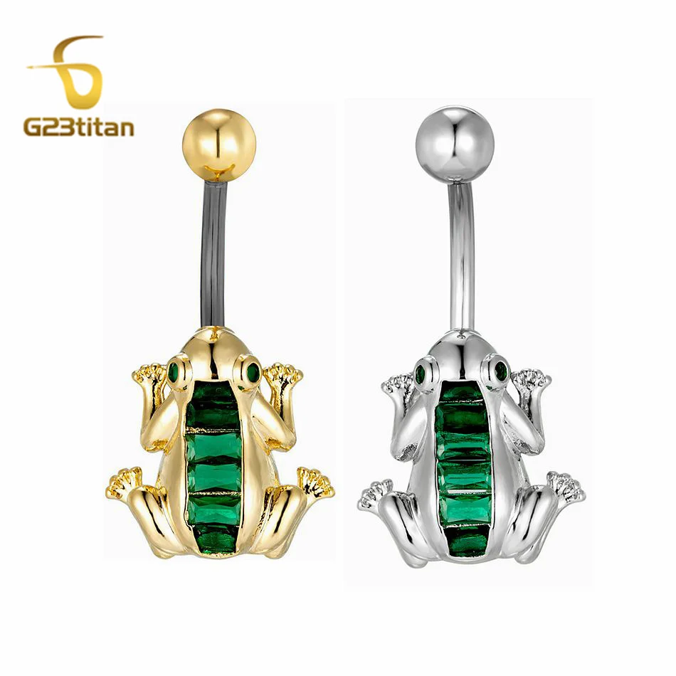 Japan Lucky Accessory Green Zircon Kaeru Frog Belly Button Ring Gold Silver Color Body Jewelry 14G Titanium Piercing Accessories