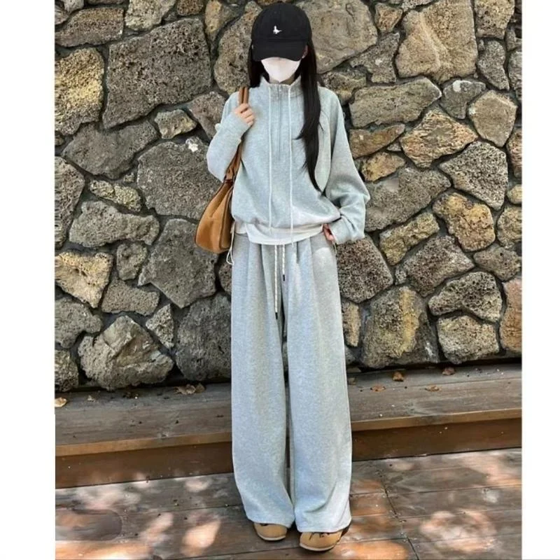 Amerikaanse Lazy Sle Casual Set Dames Losse Sweatshirt Jas Hoge Taille Wijde Pijpen Sportbroek Tweedelig Set