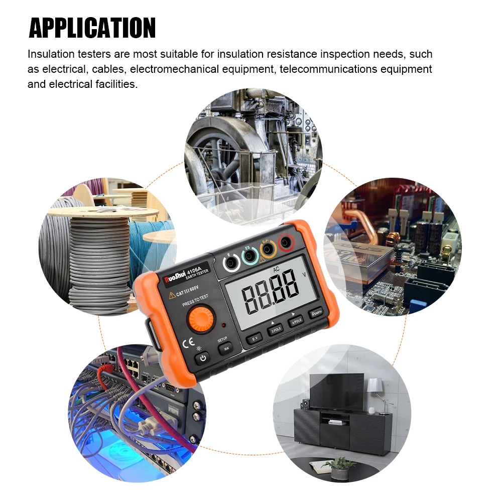 RuoShui 4106A Digital Earth Tester Ground Resistance Meter Low Voltage Display LCD Backlight 3 Pole/4 Pole Method 2000Ω True RMS