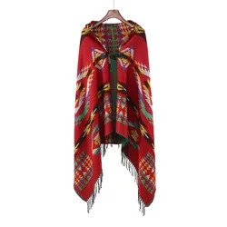 Bohemian Ethnic Wind Cape for Women, Travel with Hooded Fork, Thickened Coat, Warm Air Conditioning, Autumn and Winter