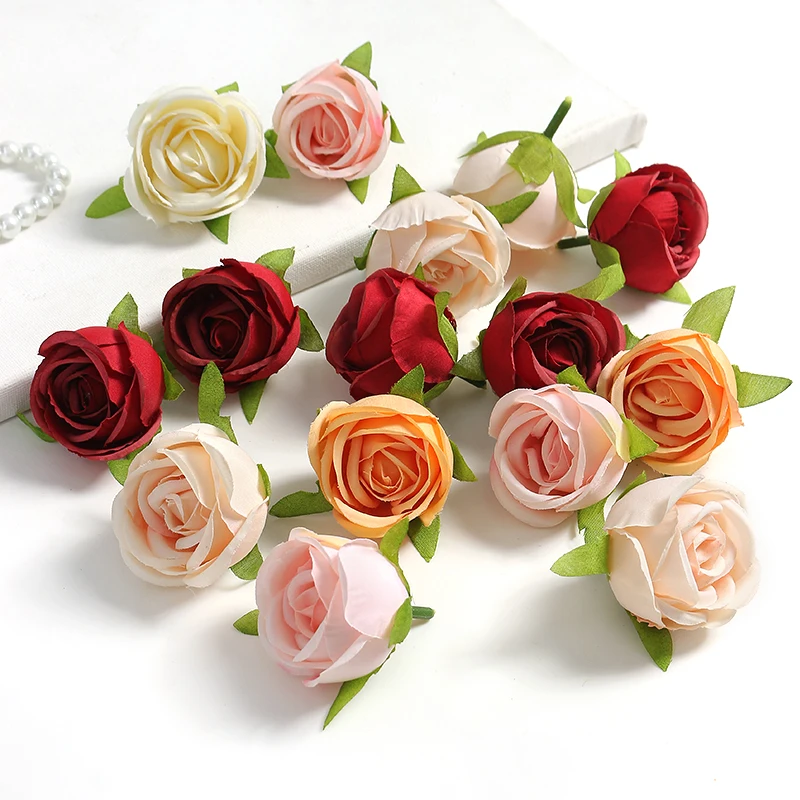 5/10PCSRose Tea Buds Artificial Flowers Head Silk Fake Flower For Home Wedding Decor Christmas 2023 Party DIY Wreath Accessories