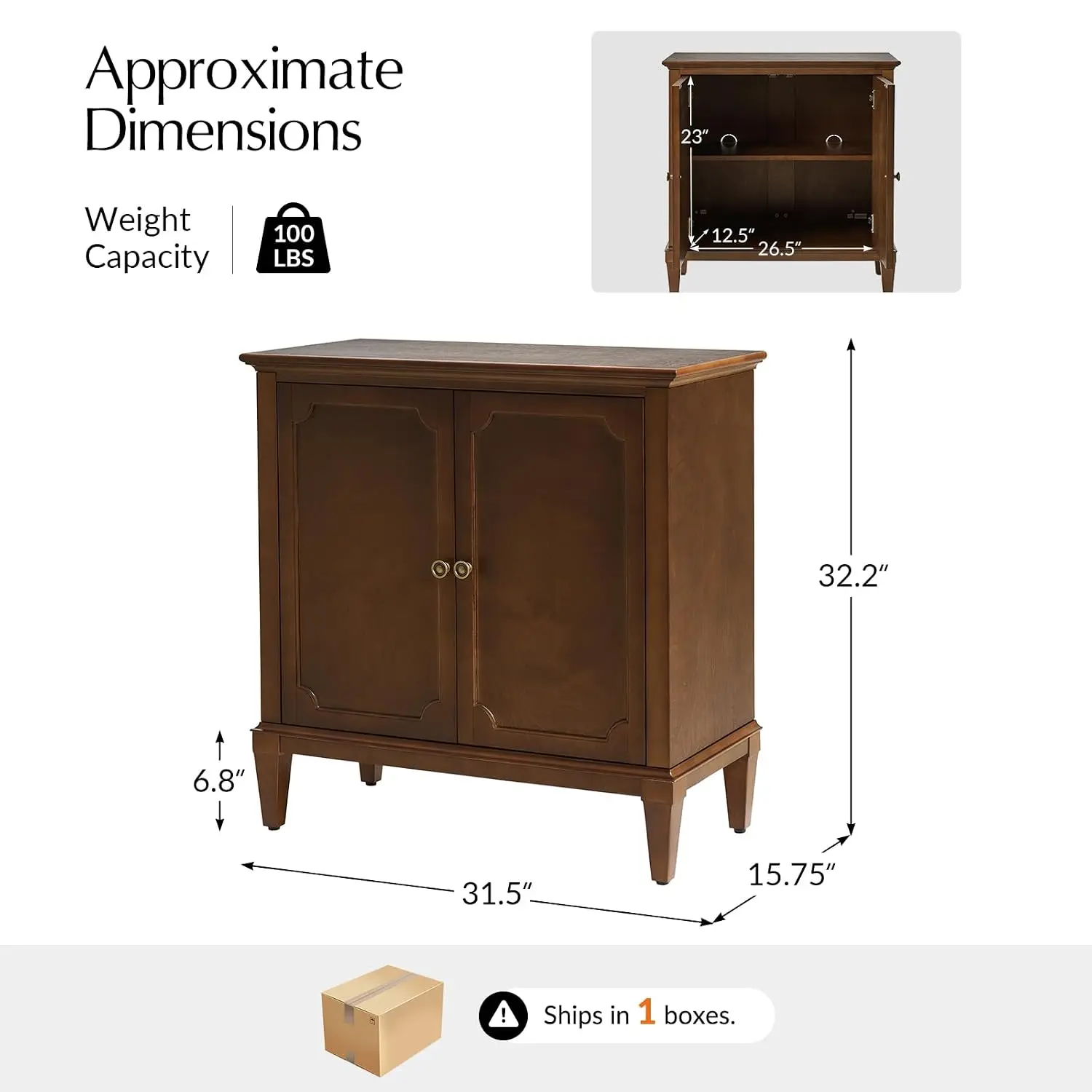 Adjustable Shelf Storage Cabinet 2-Door Sideboard Solid Wood Legs Vintage Metal Handles Matte Finish Walnut, Customized