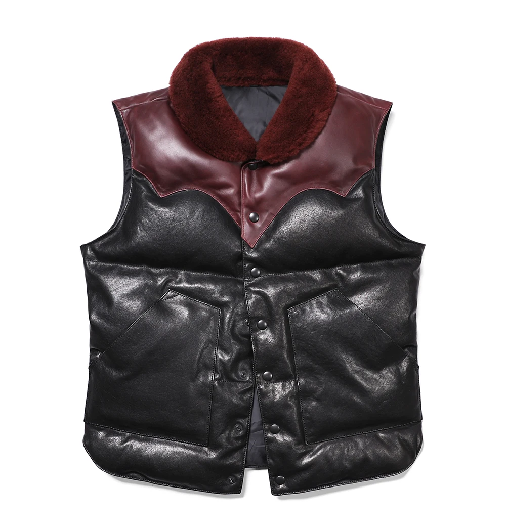 Genuine Natural Sheepskin Stand Collar Single Breasted Spliced Vest Black Winter Down Vest Men Casual Style Plus Size 5XL