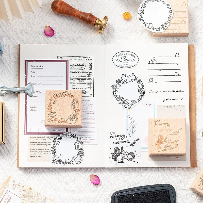 Light Retro Handbook Seal Message Box Series Happy Squirrel Handbook Decoration Material Printing Stamp 6 Styles Assorted Stamp