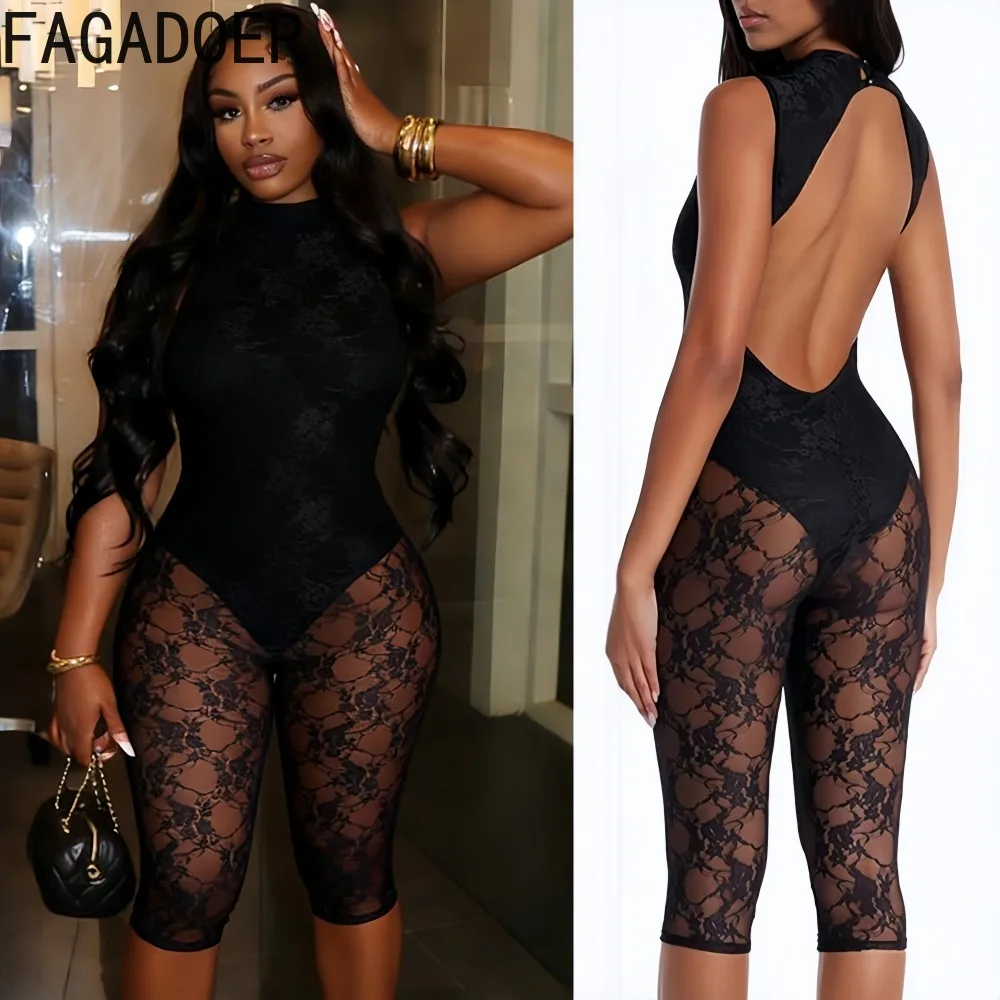 

FAGADOER Sexy Lace See Through Bodycon Jumpsuit for Woman Solid Color Sleeveless Backless Romper Female Streetwear Overalls New
