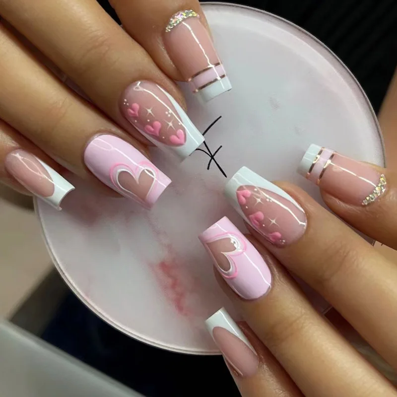 24 pièces/ensemble Long rose français presse sur ongles saint valentin faux ongles portable à coller ongles faux ongles Наклад Ногти Uñas