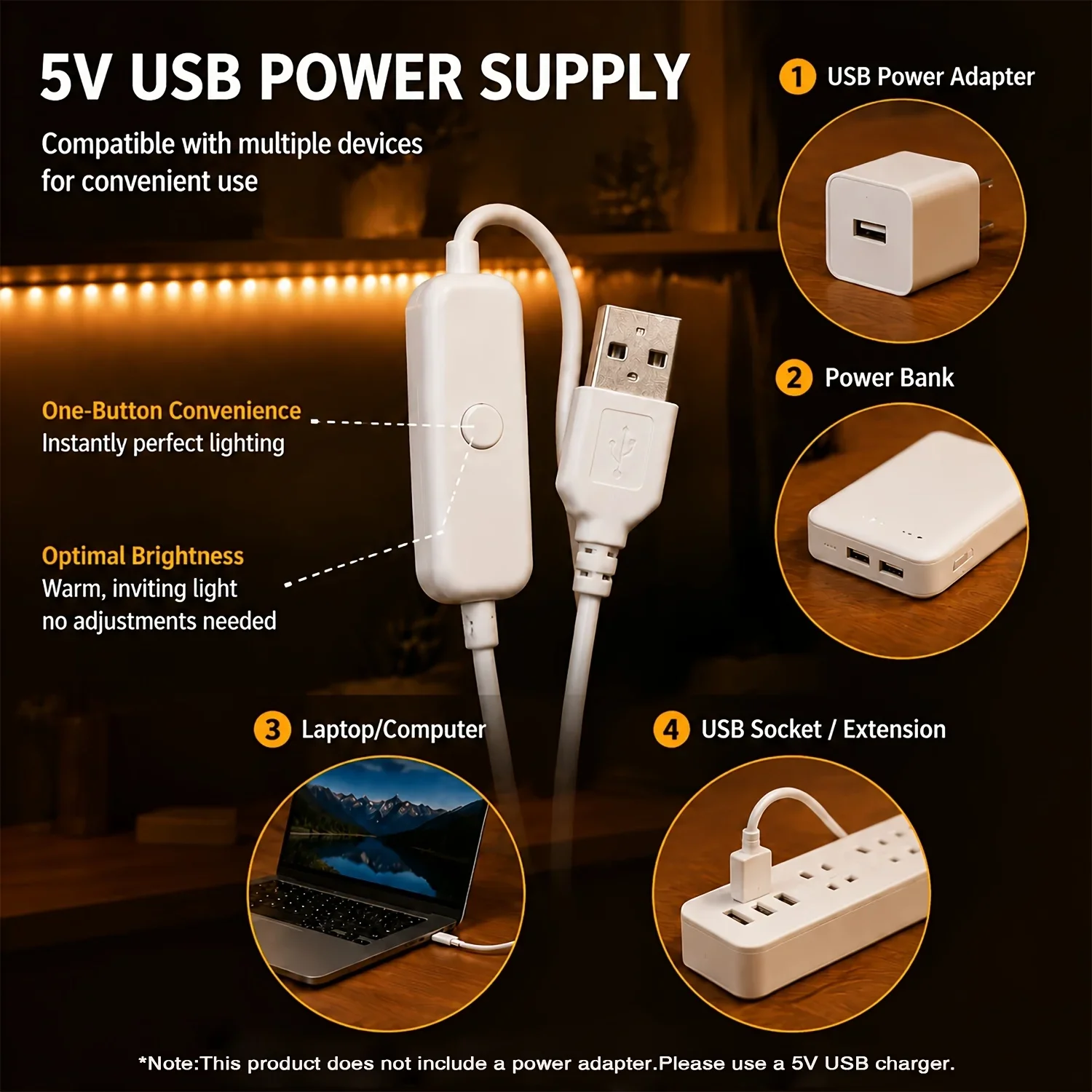 LED Strip Lights USB Button Control 5V Safe Low Voltage Soft Uniform Light Self-Adhesive Cuttable For Desk Closet Home Decor - view 3