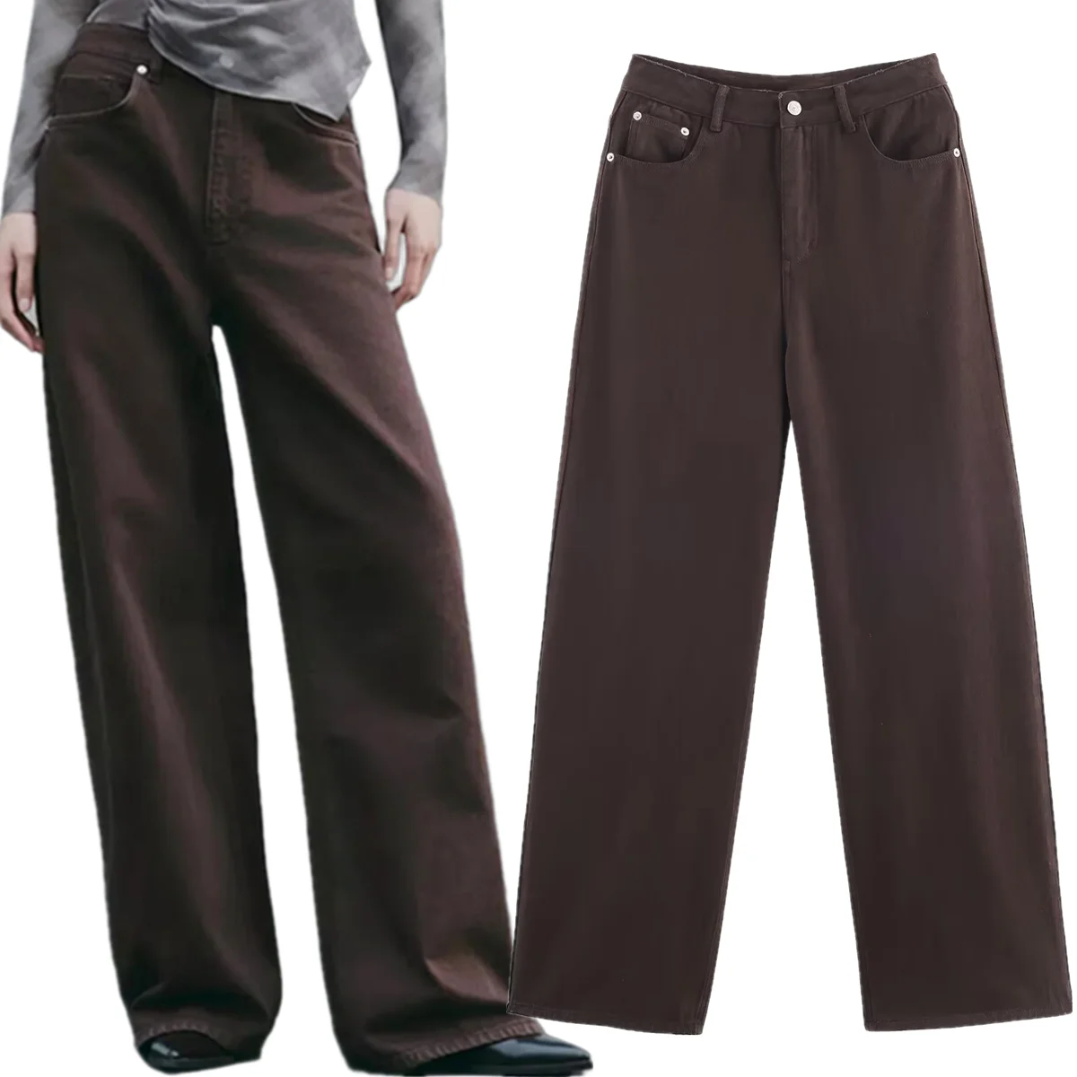 

Dave&Di Winter Mom Jeans Nordic Minimalist Boyfriend Vintage High Waist Brown Jeans Women's jeans Women's Denim Pants