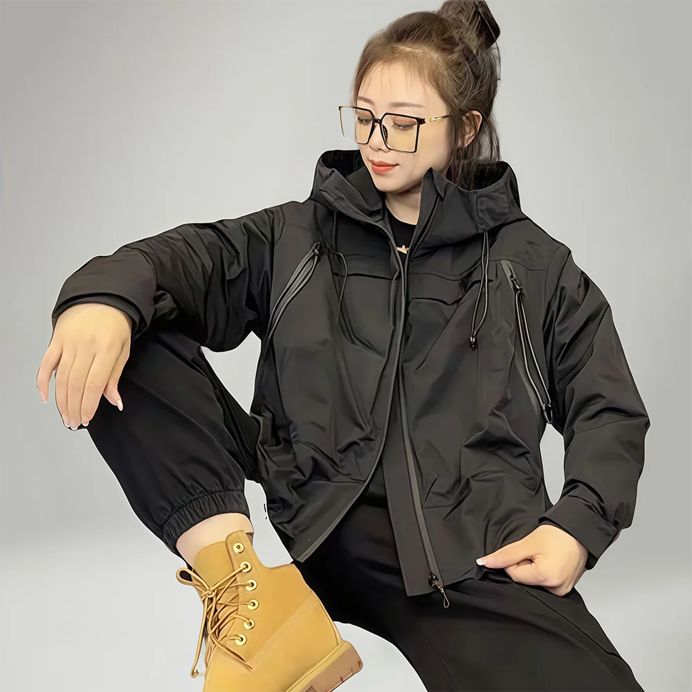 

Windbreakers Women Hooded Jacket Zipper Coat Cargo Waterproof Black Bomber Camping Loose Thin Softshell Hiking Jacket Autumn New