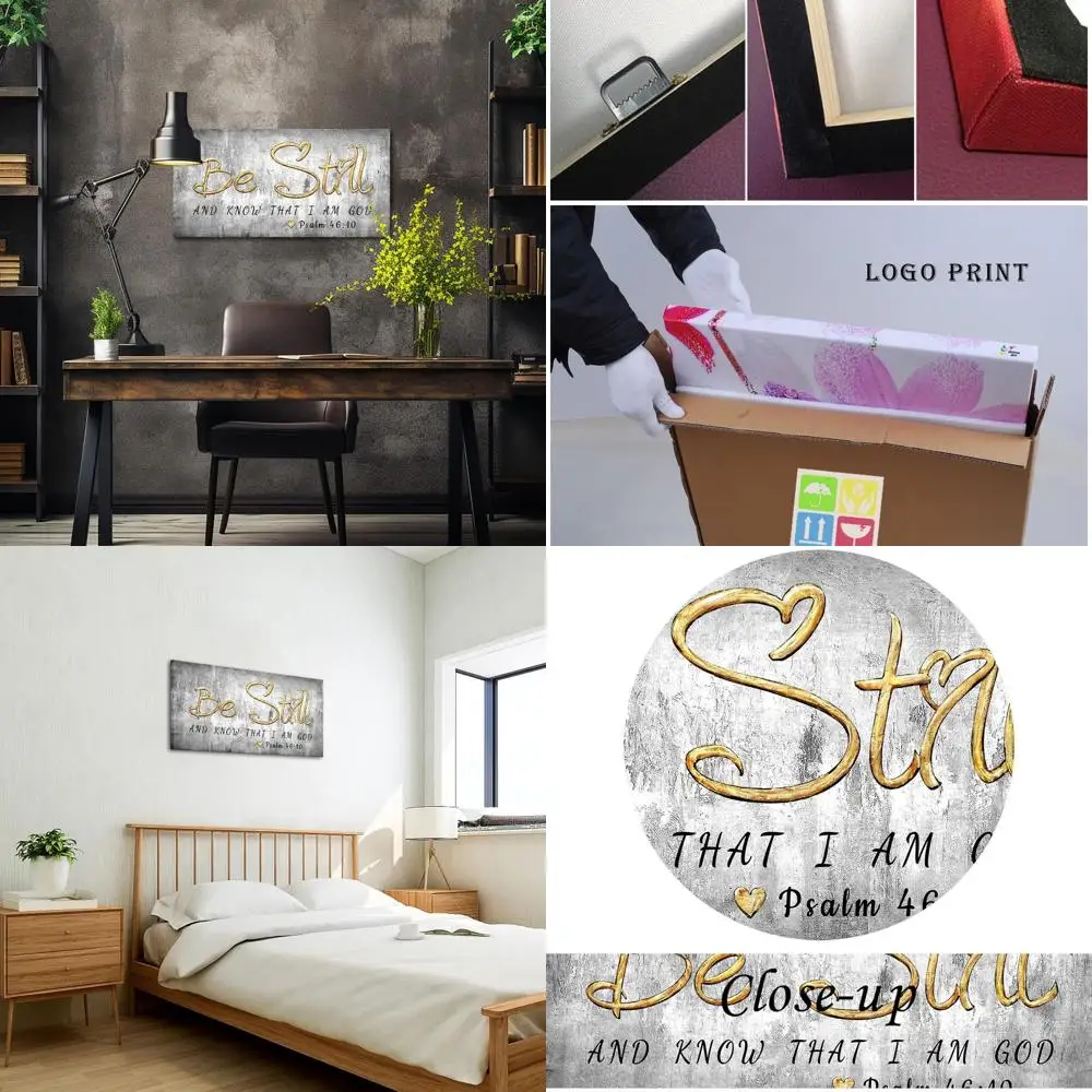 

Современный черный и золотой холст «Будь все еще» с библейскими стихами — 20x40 для гостиной