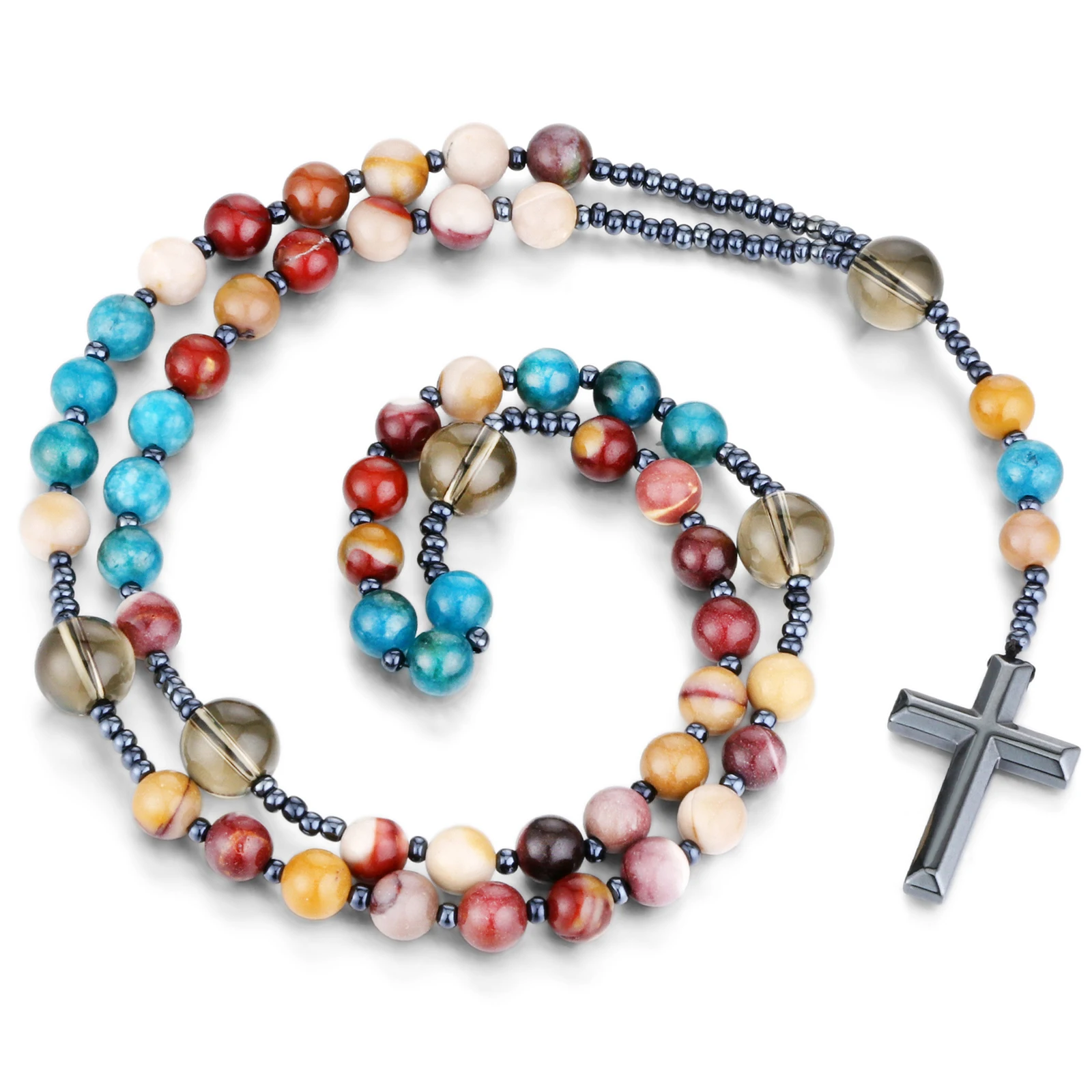 Mookaite Apatite Stone Smoky Crystal Rosary Beads Necklace Catholic Christ Hematite Cross Pendant Necklace Women Men Jewelry